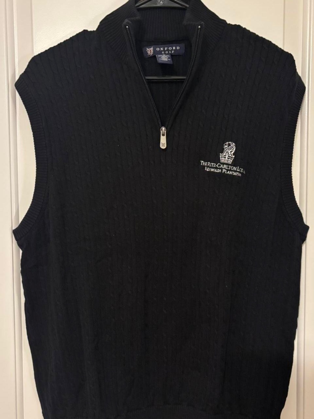 Oxford Black Cable-Knit Half-Zip Sweater Vest with Embroidered Logo